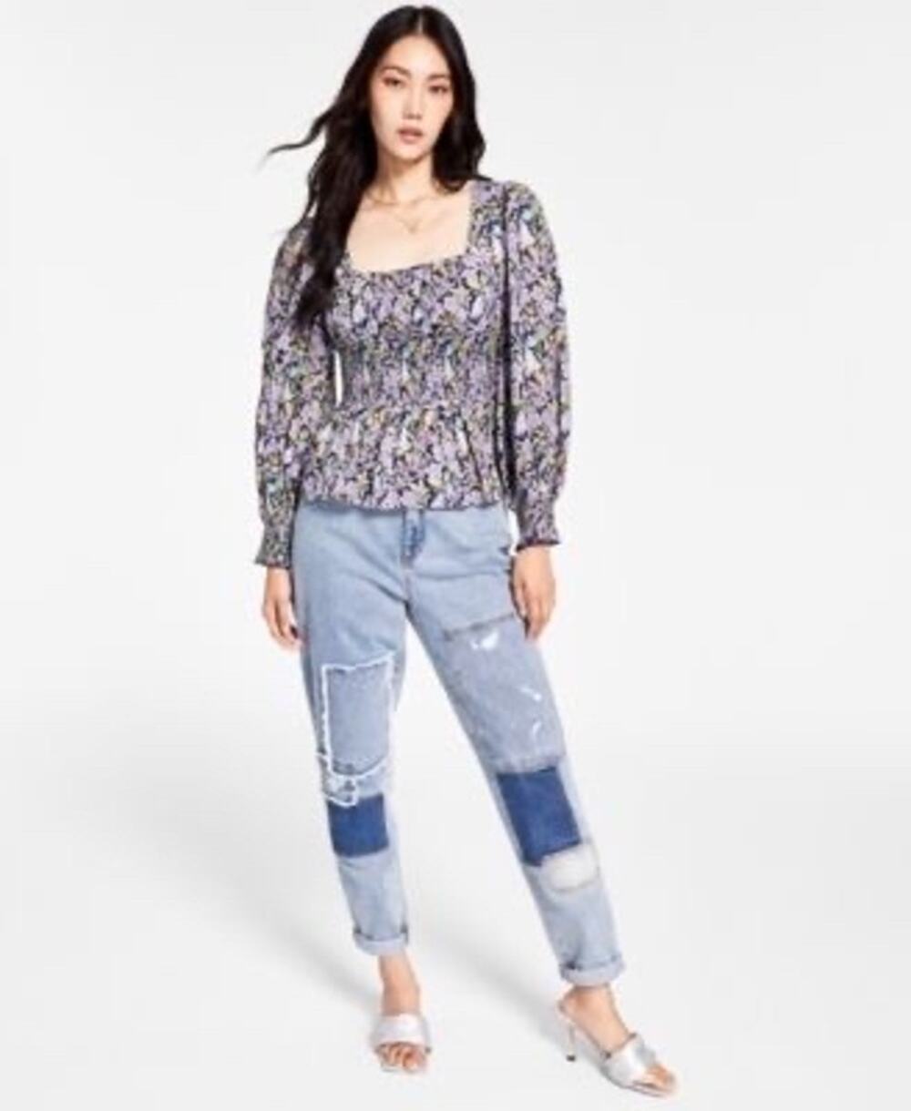 INC International Concepts Cotton Smocked Puff-sleeve Top In Athena Floral -XL